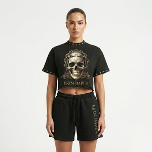 เสื้อยืดโอเวอร์ไซส์ลายหัวกะโหลกแบบวินเทจ ชุดเซ็ตสองชิ้นลำลองสไตล์สตรีทแวร์สำหรับผู้ชาย ผ้าฝ้าย 100% หนานุ่ม พิมพ์โลโก้ตามสั่ง เหมาะสำหรับฤดูร้อน - Product Image 3