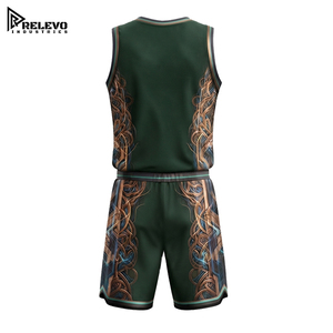 Ensemble maillot et short de basketball col en V OEM, uniforme de sport vert forêt avec filigrane bronze et impression sublimée tissée - Product Image 2