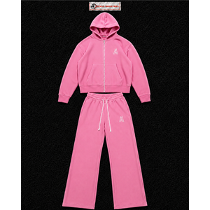 Ensemble de survêtement rose pour homme avec logo personnalisé, sweat à capuche zippé et pantalon de jogging, tenue décontractée streetwear et sportswear deux pièces, vente en gros - Product Image 5