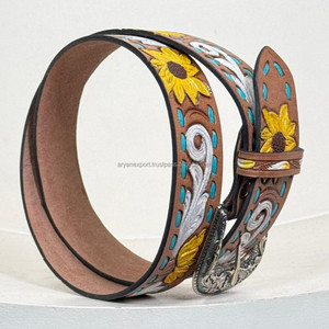 Beautiful Designer Handmade <b>Belts</b> Hand Tooled Leather <b>Belts</b> Boho Vintage Yellow Color Trendy Stylish Western Leather <b>Belts</b> - Product Image 4