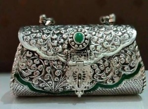 Handmade Metal Flap Clutch With Green Stone And Filigree Design Elegant Evening Party <b>Bag</b> - Product Image 3