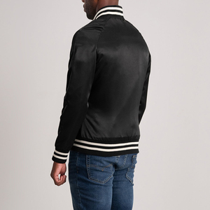 Custom Men Black Satin Varsity <b>Jacket</b> Classic Baseball Bomber <b>Jacket</b> Snap Button Shiny Silk Letterman <b>Jacket</b> With White Stripes - Product Image 6