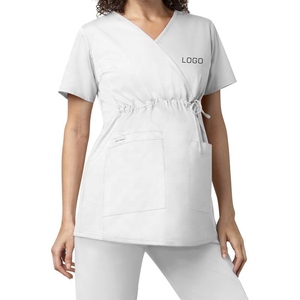 Tops de travail pour femmes à col en V avec cordon de serrage à la taille, bleu, mélange polyester-coton, uniformes d'hôpital pour infirmières - Product Image 5