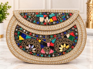 Bolso de Mano Tipo Clutch con Mosaico Metálico Hecho a Mano, Forro de Terciopelo, Cierre de Broche, Fragmentos de Perlas, Bolso de Noche con Acentos de Diamantes de Imitación para Mujer, Ideal para Fiestas - Product Image 3