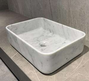 Best Quality Luxury Natural Carrara White Marble Wash <b>Basin</b> with Groove Design Durable & Eco-Friendly for Indoor Bathrooms - Product Image 1