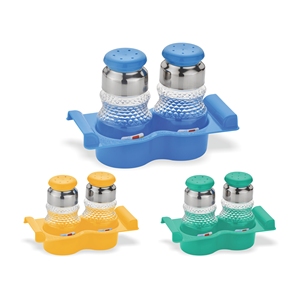 Ensemble de salières et poivrières jaunes écologiques, durables et étanches avec des bouteilles en verre cristallin et un plateau en plastique pour la cuisine - Product Image 4