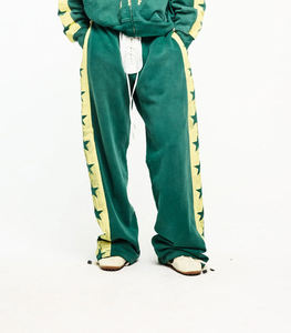 Green Wide Leg Fleece Pants With Yellow Star Side <b>Stripe</b> Drawstring Waist Casual Autumn Loose Fit Full Length Knitted Cotton - Product Image 6