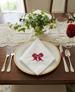 Serviette en tissu de coton personnalisée brodée nœud rouge serviette de table ourlet serviettes de table maison hôtel mariage vacances - Product Image 6