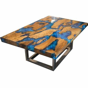 Table à manger unique en bois naturel et résine époxy avec structure métallique et finition brillante pour un décor contemporain et traditionnel - Product Image 6