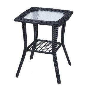 Table d'appoint extérieure en osier noir avec plateau en verre, table d'appoint en rotin pour patio, table de bistrot pour jardin intérieur, véranda, balcon - Product Image 3