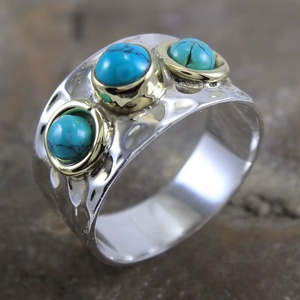 Anillo de Plata de Ley 925 con Turquesa Azul Natural, Anillo de Dos Tonos para Meditación, Anillos Finos para Mujer y Hombre, Fabricante de Joyería - Product Image 3
