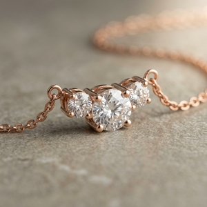 Three stone Lab Round Diamond Pendant <b>Necklace</b> featuring a Delicate Rose Gold Cable Chain - Product Image 2