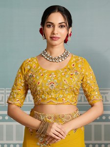 Sari Amarillo de Seda con Bordado Floral para Mujer, Ropa Étnica Tradicional India, Estilo Bollywood, para Bodas, Fiestas y Festivales - Product Image 4