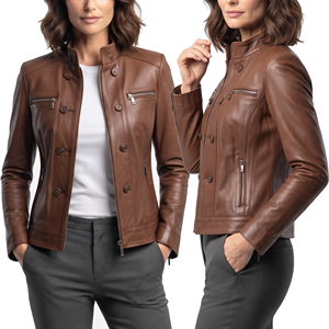 Wholesale Women's Casual Leather Jacket Chest Pocket Stand Collar Biker Leather Jackets Ladies Outerwear Fashion Leather Jackets - Product Image 1