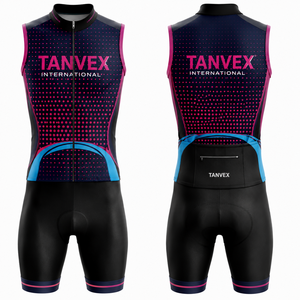 Ensemble de maillot de cyclisme TANVEX pour homme, respirant, en spandex et polyester, avec poches, imprimé par sublimation bleu et blanc - Product Image 3