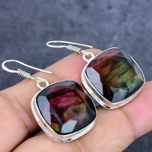 Pendientes Huggie Geométricos de Plata 925 con Ammolita, Estilo Bohemio Vintage, Joyería para Mujer, Regalo Sorpresa para Aniversario de Esposa - Product Image 2