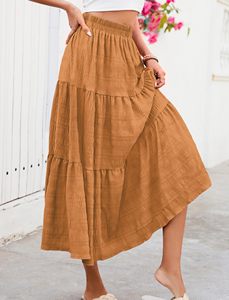 Falda larga de verano para mujer, elegante, informal, con capas, de cintura alta, línea A, fluida, con bolsillos - Product Image 3