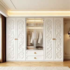 Modern Minimalist Built In <b>Wardrobe</b> Solid Mahogany Minimalist Luxury Closet with Carved Panels Classic Design for Villa Hotel - Product Image 3