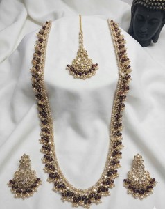 Lucentarts Jewellery Antique Gold Plated Zircon <b>Beaded</b> Long Necklace Earring <b>Set</b> MaangTikka for Wedding Party Traditional Indian - Product Image 2