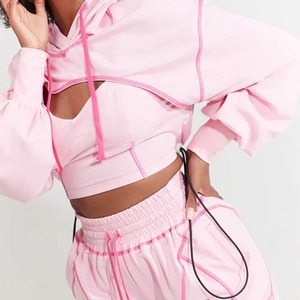 Women Y2K Pink Streetwear Tracksuit Set Hooded <b>Crop</b> Top Shorts Geometric Print Wide Leg Loose Fit Winter Outfit Full Sleeve - Product Image 6