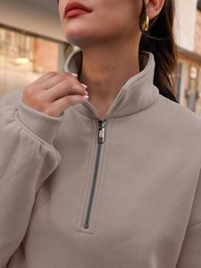 <b>Women</b> Oversized <b>Quarter</b> <b>Zip</b> Breathable Streetwear <b>Sweatshirt</b> Solid Color Drop Shoulder Long Sleeve Pullover Hoodie Pockets - Product Image 5
