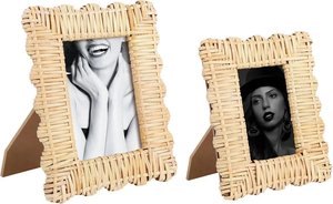 Handcrafted Woven Rattan Photo Frame Scalloped Cane Wicker <b>Picture</b> Frame Tabletop Easel Stand Coastal Boho Home Decor Set - Product Image 5