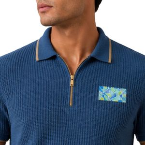 <b>Blue</b> Men Knitted <b>Polo</b> <b>Shirt</b> Gold Zipper Short Sleeve Luxury Casual Summer Top Textured Fabric Custom Designer Golf <b>Shirt</b> OEM - Product Image 6