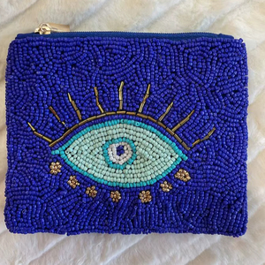 Blue Beaded Mini Coin <b>Purse</b> with White Star Design <b>Small</b> Saving Pouch for Coin Collecting & Card Cases Craftera Exports - Product Image 1