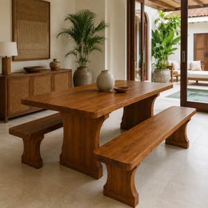 Ensemble de table à manger en teck massif avec 2 bancs, meubles de salle à manger rustiques de style farmhouse pour la maison, la villa, le restaurant, l'hôtel - Product Image 3