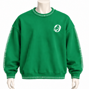 Mens Green Stitched Border Distressed Crewneck Sweatshirt Oversized <b>Long</b> <b>Sleeve</b> Pullover Casual Streetwear Fashion <b>Training</b> <b>Top</b> - Product Image 1