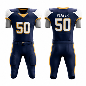 Conjunto de Pantalones y Camiseta de Fútbol Americano Sublimados Personalizados, Cuello en V, Manga Corta, Absorbe la Humedad, Azul, Blanco y Dorado, Número 50 - Product Image 5