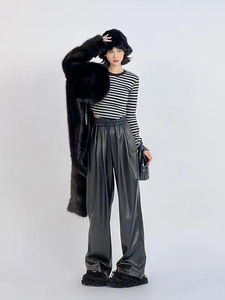 Pantalon croisé streetwear en cuir noir à boutons, taille mi-haute, pour femme, hiver, respirant, ample et fluide, longueur au sol - Product Image 4