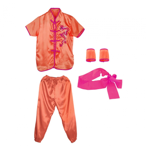 Ensemble uniforme de Kung Fu en satin orange pour enfants et adultes, avec logo personnalisé, vente en gros, manches courtes, broderie de dragon, costume d'arts martiaux Tai Chi - Product Image 1