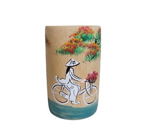 Bamboo cup <b>painting</b> handmade Vietnamese girl bicycle <b>pen</b> holder eco-friendly desktop organizer office home decor wholesale gift - Product Image 1
