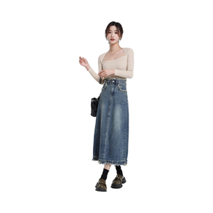 Jupe longue en jean pour filles, longueur genou, avec fente, coupe ample, décontractée, printemps, style modeste et mature - Product Image 1