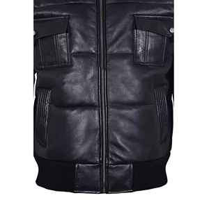 แจ็คเก็ตบอมเบอร์หนังแท้สำหรับผู้ชายสั่งทำพิเศษ หนังแกะแท้ กันลมและระบายอากาศได้ดี บุด้วยใยโพลีเอสเตอร์ สีดำ แจ็คเก็ตหนัง OEM - Product Image 4