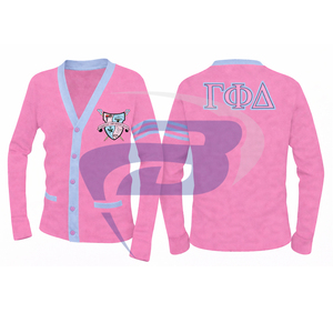 Suéter Cárdigan de la Hermandad Gamma Phi Delta, Tejido Rosa con Rayas Azul Claro y Logotipo Bordado, Ropa de la Hermandad GPD - Product Image 1