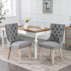 Set di Sedie da Pranzo Moderne di Alta Gamma Imbottite in Lino con Gambe in Legno Massello e Finitura con Borchie Design Contemporaneo in 2 Pezzi - Product Image 1