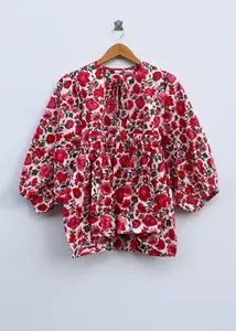 Elegante Vestido Mini Casual de Verano con Estampado Floral en Algodón, Manga Abullonada, Estilo Boho, Corte Holgado y Cuello con Lazos - Product Image 2