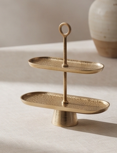 Soporte Multifuncional de 2 Niveles para Pasteles, de Metal Dorado, Ovalado, con Asa de Anillo, Bandeja para Servir, Exhibidor de Repostería para Té de la Tarde - Product Image 1