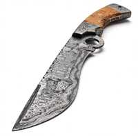 Couteau utilitaire artisanal en acier Damas courbé avec lame à pointe tombante, anneau de contrôle des doigts et manche en bois d'olivier (OEM disponible 30cm)
