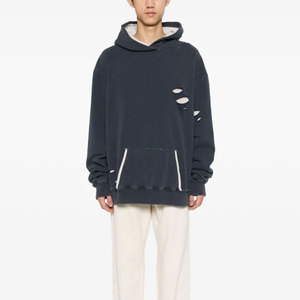 Sweat-shirt à capuche oversize pour homme, bleu marine, avec découpe, en molleton français délavé, manches classiques, couleur unie, style streetwear - Product Image 4