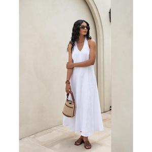Women Solid White Cotton Linen Maxi Dress Halter Neck <b>Tie</b> <b>Back</b> Sleeveless Elegant Long Dress - Product Image 2