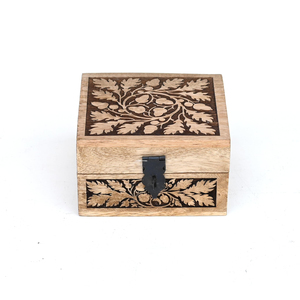 Wholesale Handcrafted Mango <b>Wood</b> Jewellery <b>Box</b> Vintage Pyrography Oak Leaf <b>Carved</b> Storage Case Eco-Friendly Gift <b>Box</b> Supplier - Product Image 1