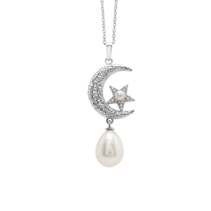 Collar con colgante de estrella y luna de Plata de Ley 925 con perla de agua dulce ovalada y redonda, chapado en rodio, joyería fina romántica para mujer - Product Image 1