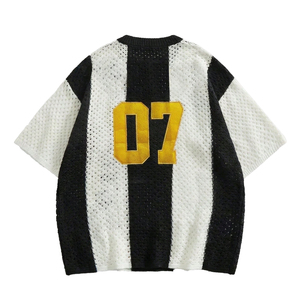 Vintage Striped Knit Sports Jersey for Men Oversized V-Neck Mesh Embroidery Short Sleeve Streetwear T-Shirt - Product Image 2