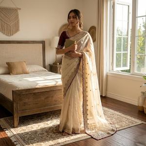 Sari de seda Pure Space con brillo de terciopelo, adornado con lentejuelas y delicado trabajo manual de Cutdana con cuentas doradas y blusa con bordados. - Product Image 1