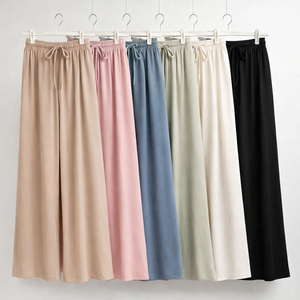Pantalon décontracté d'été pour femme, taille haute élastique, coupe évasée, grande taille, respirant, uni, vente en gros - Product Image 3