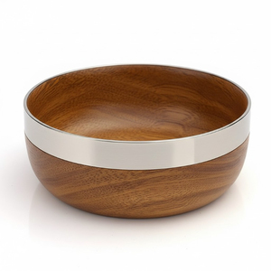 Bols de service en bois naturel et métal, design excellent, forme ronde, pour fruits et salades, décoration de table de cuisine. - Product Image 1