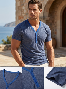 Men's V-Neck Short Sleeve Knitted Jersey T-Shirt 100% Cotton Solid Color Contrast Trim Slim Fit Casual Blue Summer 200 Grams - Product Image 2